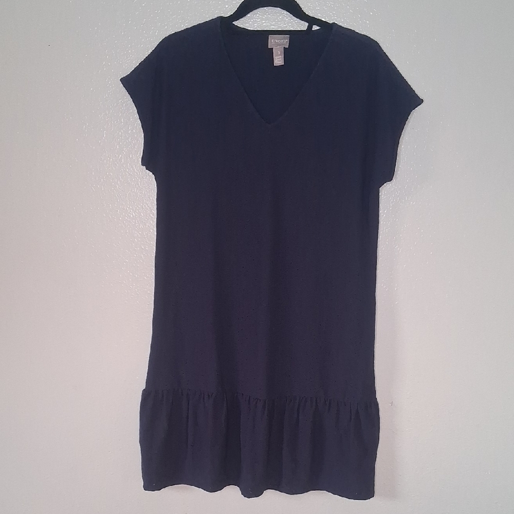 Chico's Navy Eyelet Shift Dress Cotton Coastal Casual Dolman Short Sleeve Sz 1
